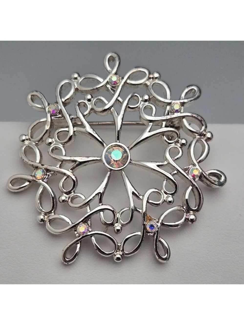 Vintage Silver Snowflake Brooch AB Aurora Borealis Rhinestones